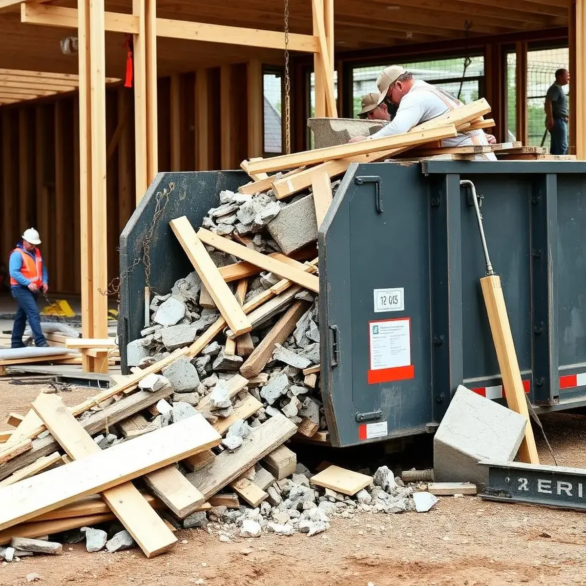 Construction crew loading framing lumber and concrete scraps into a 16-yard roll-off dumpster at a North Texas job site