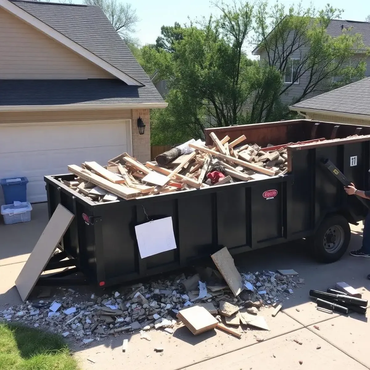 Demolition debris — drywall, lumber, and tile — being loaded into a 16-yard roll-off dumpster at a North Texas job site