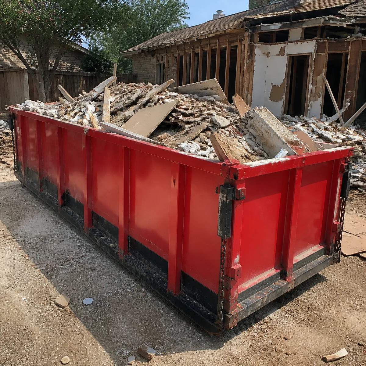 16-yard roll-off dumpster loaded with demolition debris on a North Texas job site