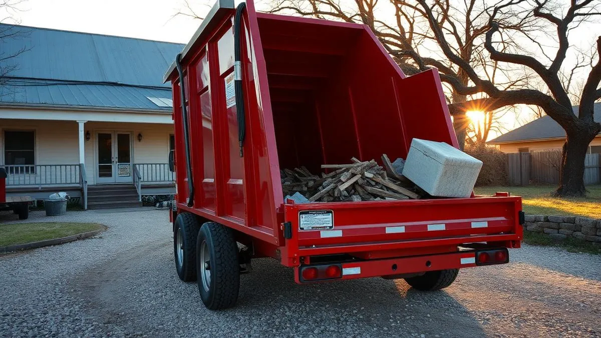 Red 16-yard roll-off dumpster loaded with remodel debris outside a home in Paris, Texas