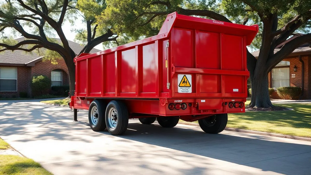 Red 16-yard roll-off dumpster parked on a residential driveway in Sherman, Texas