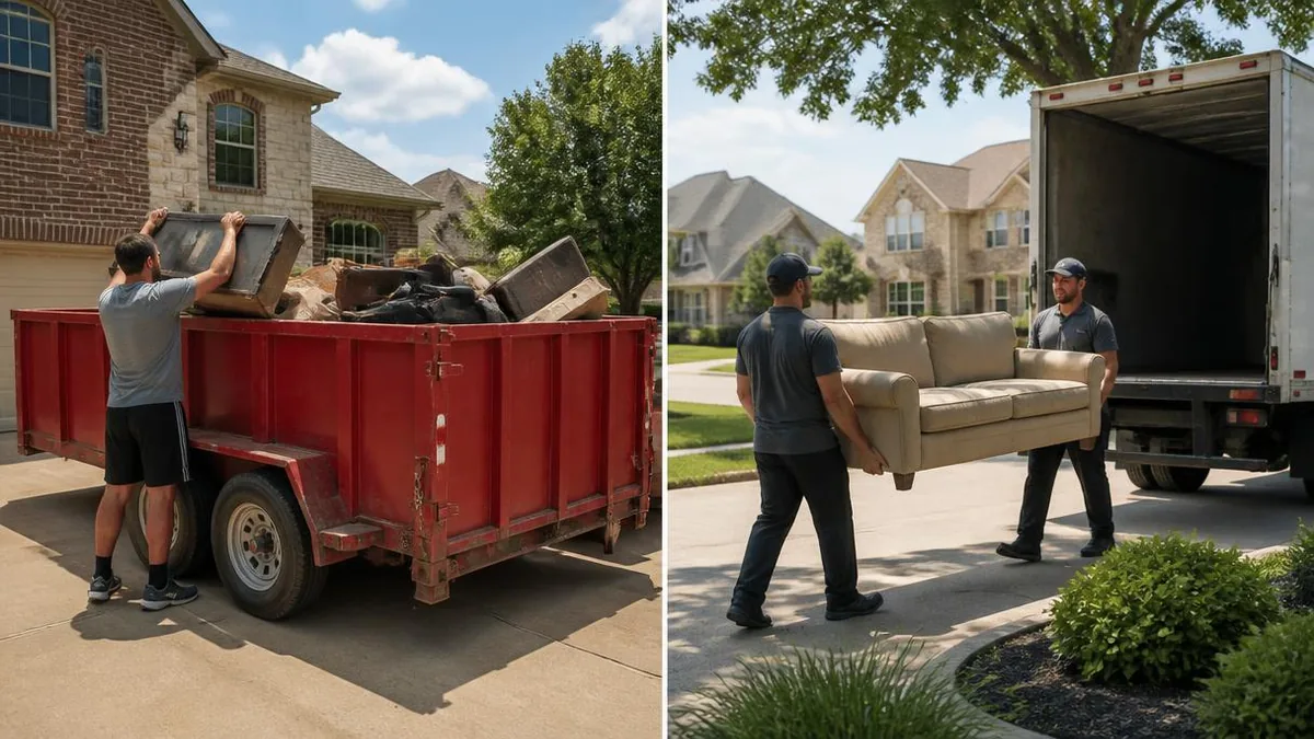 Side-by-side comparison of a red roll-off dumpster in a driveway and a junk removal crew loading a couch into a box truck