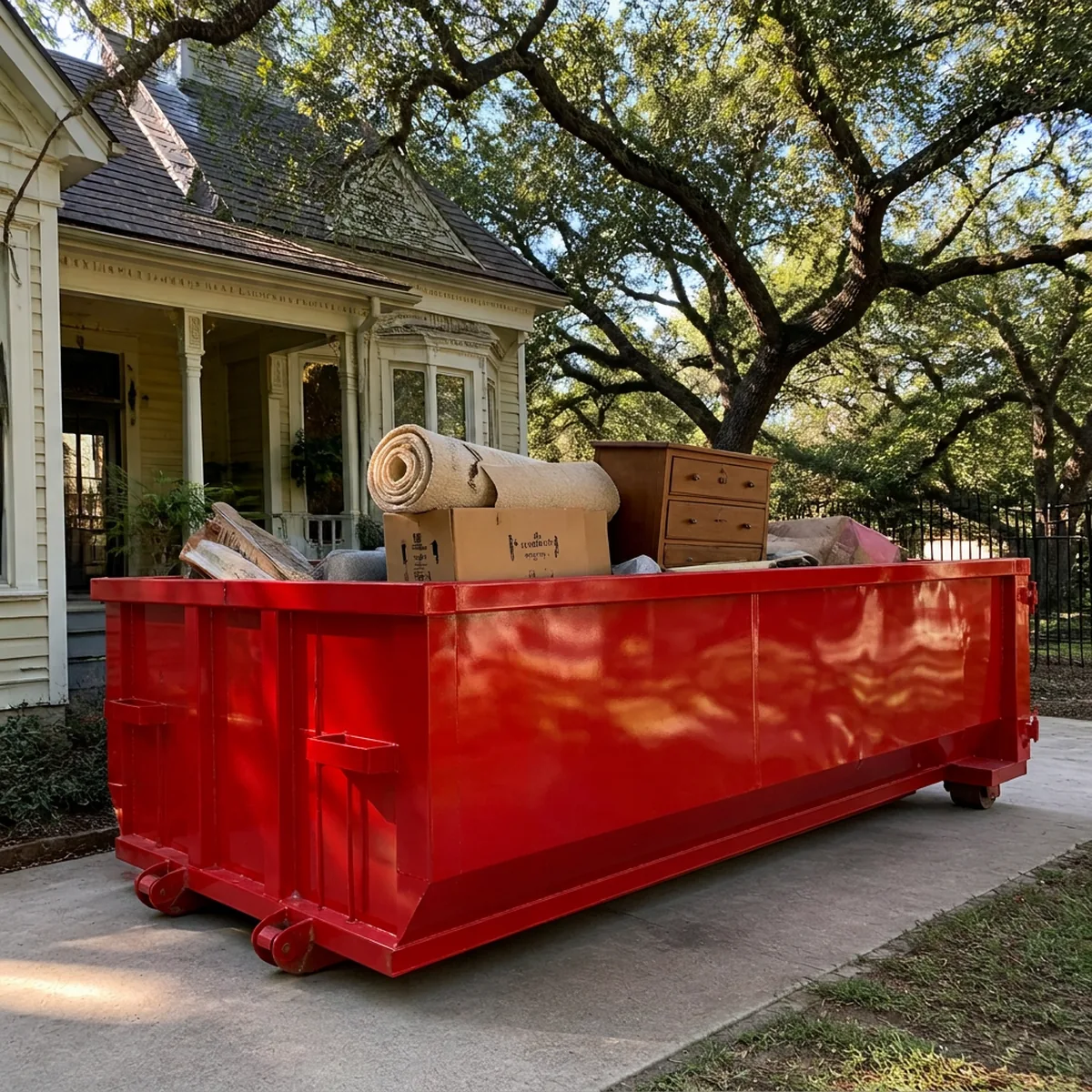 16-yard roll-off dumpster filled with furniture and boxes during a North Texas estate cleanout