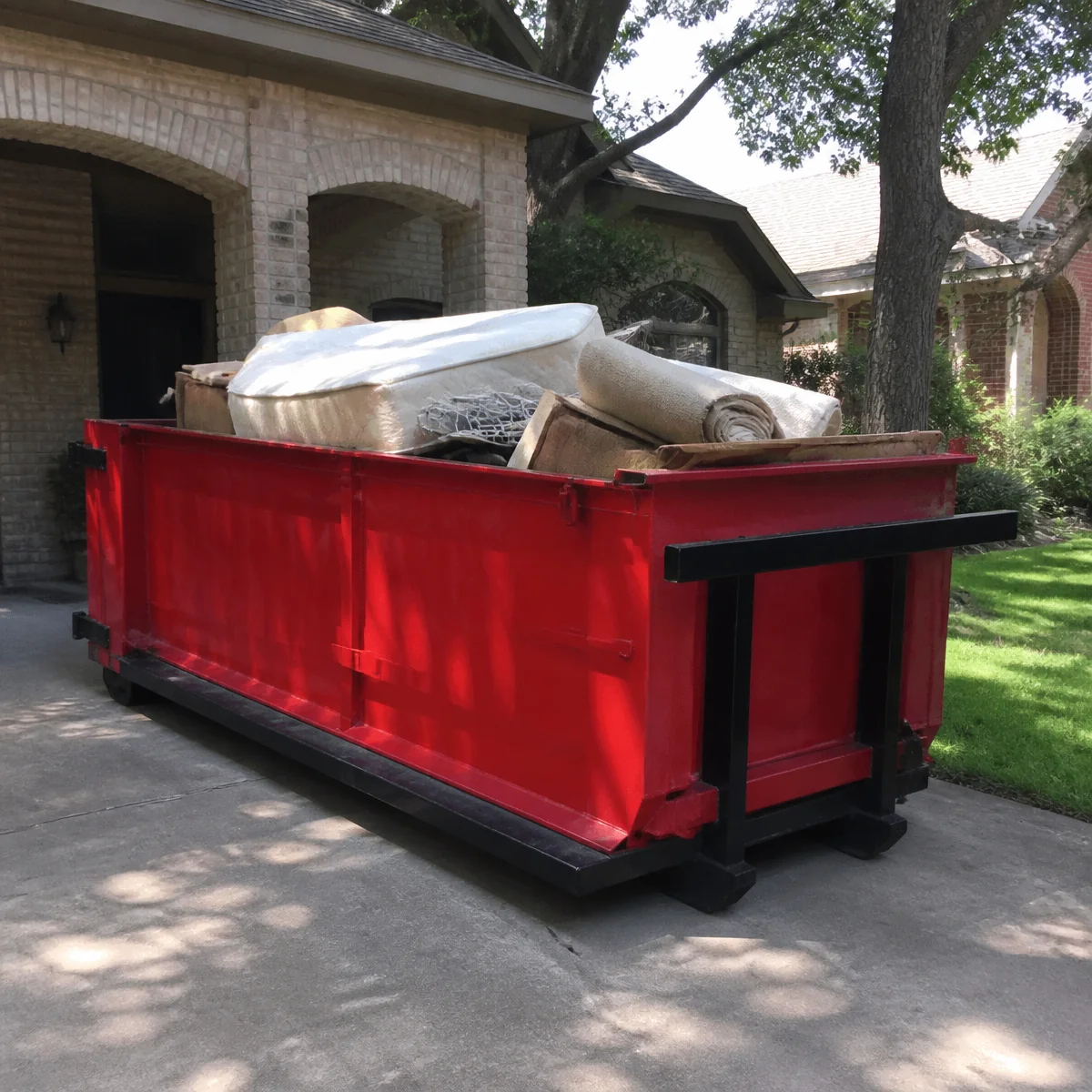 Roll-off dumpster in a North Texas driveway during an estate cleanout