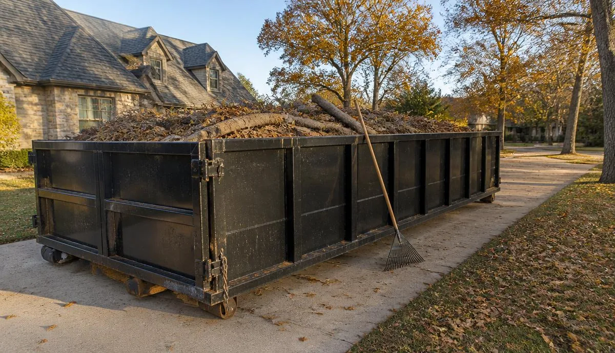 16-yard roll-off dumpster filled with fall leaves and broken tree limbs on a North Texas driveway