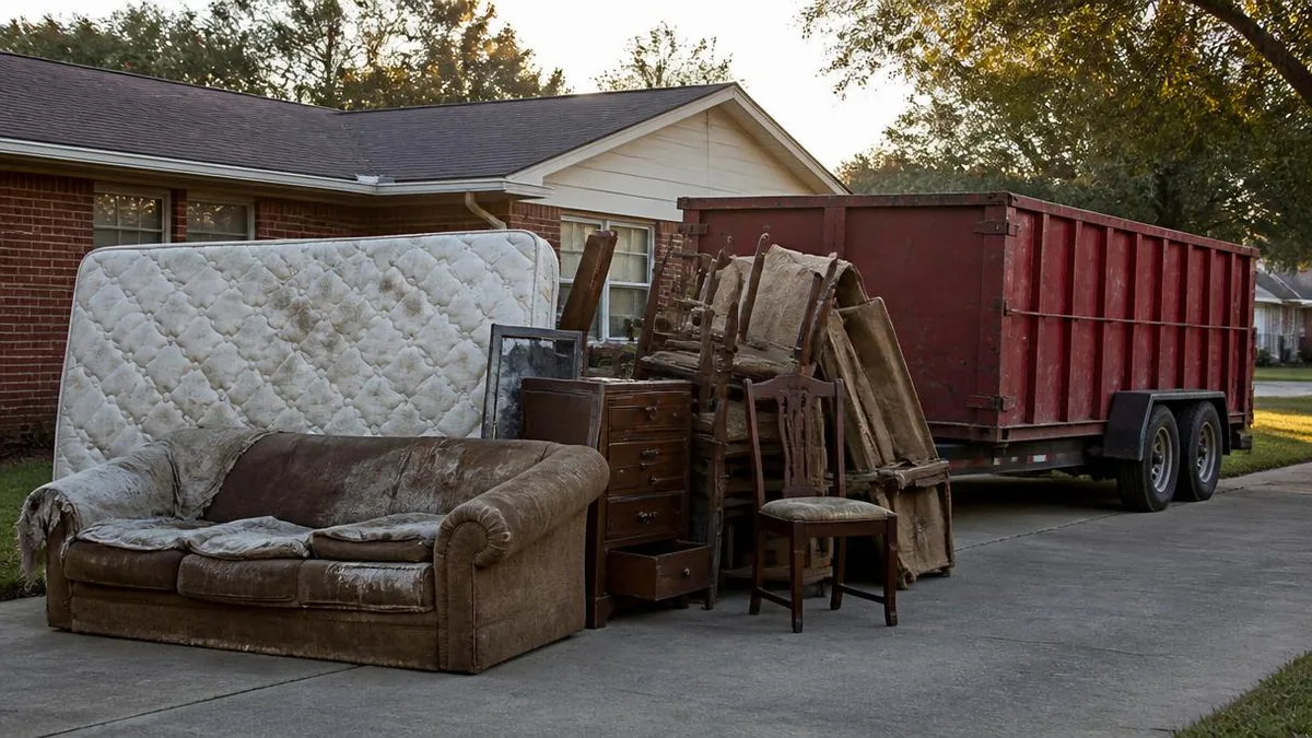 Old couch, mattress, dresser, and chairs stacked in a North Texas driveway beside a red roll-off dumpster