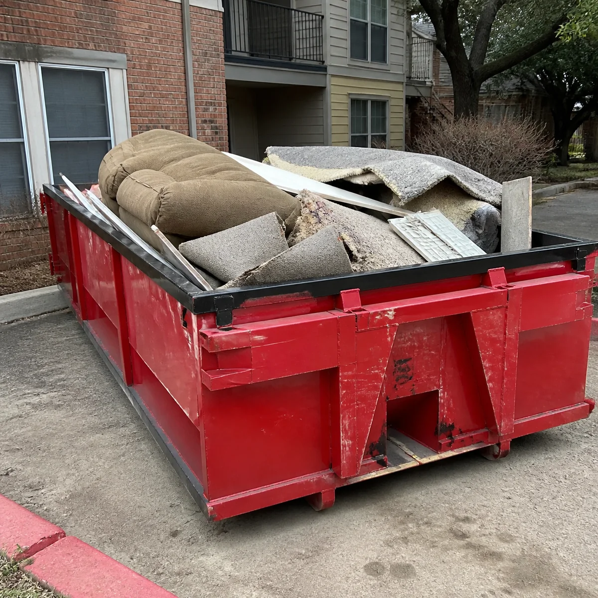 Roll-off dumpster filled with old carpet and left-behind furniture during a North Texas tenant move-out