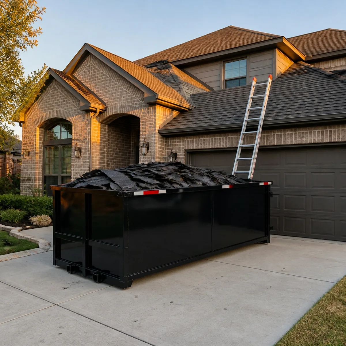 16-yard roll-off dumpster filled with asphalt shingles during a North Texas roof tear-off