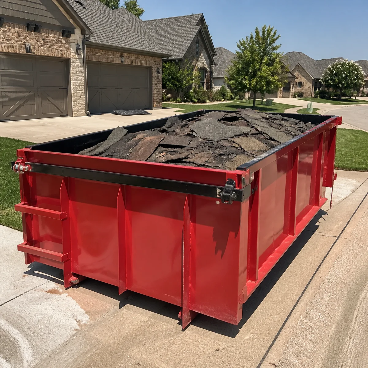 16-yard roll-off dumpster filled with asphalt shingles during a North Texas roof tear-off