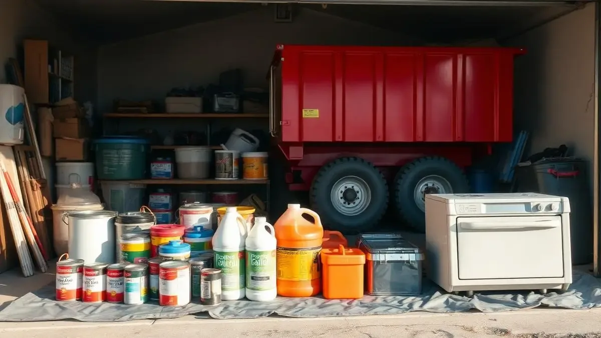 Examples of prohibited dumpster items — paint cans, batteries, solvents, and old appliances