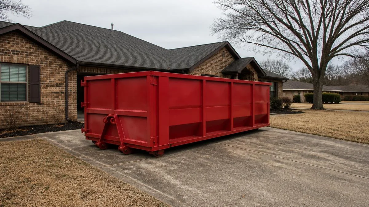 Red 16-yard roll-off dumpster on a North Texas driveway in winter with bare trees and dormant grass